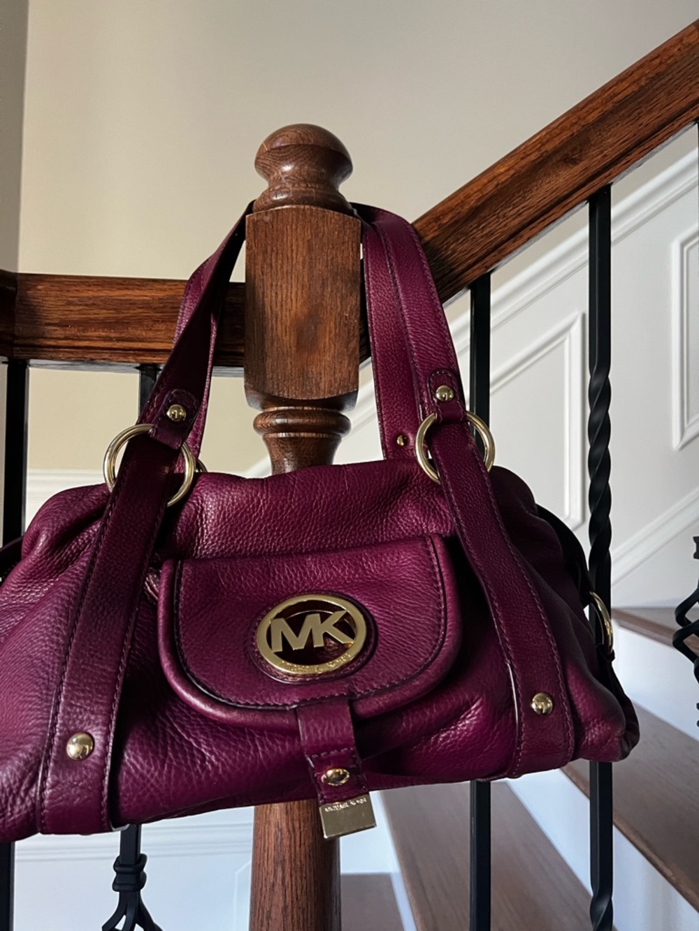 Michael Kors Deep Berry Pebble Leather Shoulder Bag with Gold Hardware